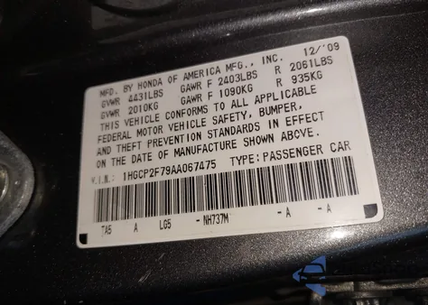 2010 Honda Accord 2.4 Ex z USA, uszkodzony, nr VIN 1HGCP2F79AA067475